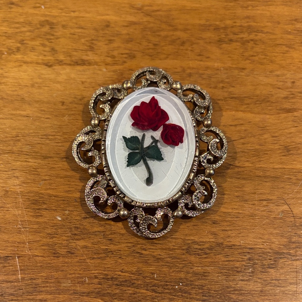 Vintage Rose Brooch with Gold Filigree